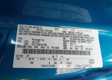 2014 Ford Focus Se из США, поврежденный, VIN 1FADP3F26EL446253